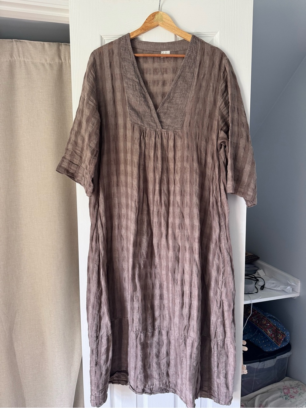 Poetry Light Brown V-Neck Linen Dress